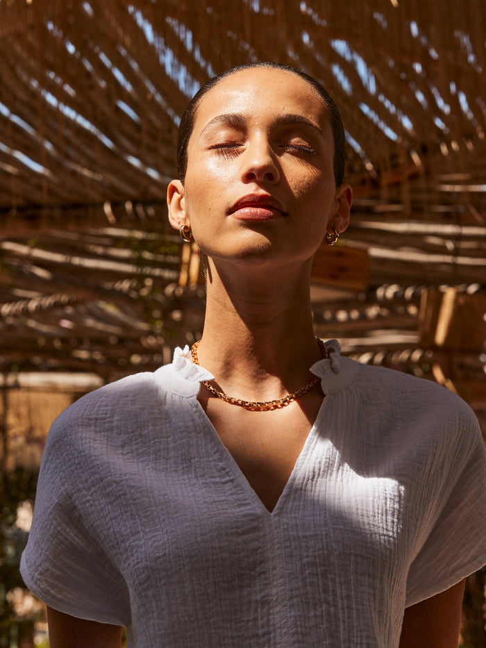 White Frill-Detail V-Neck Cheesecloth Top