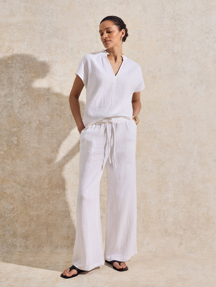 White Frill-Detail V-Neck Cheesecloth Top