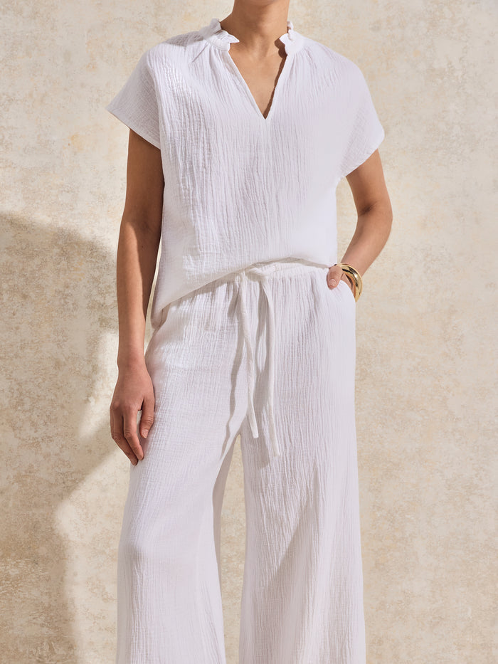 White Frill-Detail V-Neck Cheesecloth Top