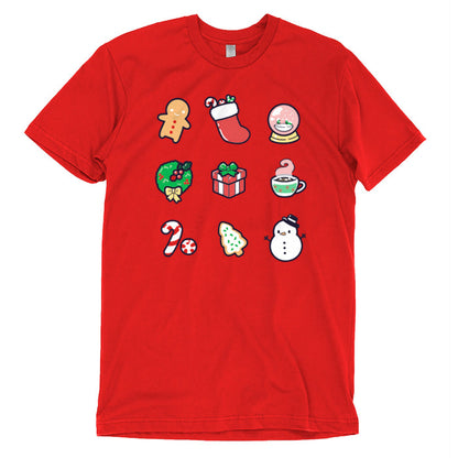 Premium Cotton T-shirt_TeeTurtle Why I Love Christmas red apparel featuring 9 classic holiday themed illustrations including a gingerbread man and snowman.