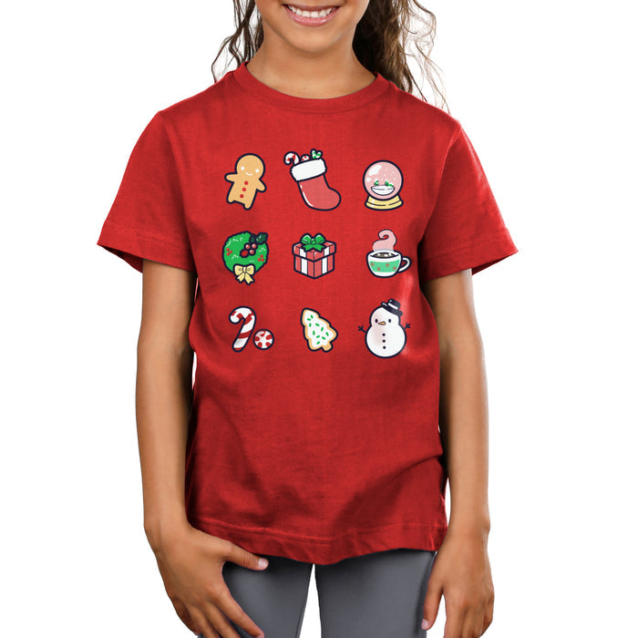 Premium Cotton T-shirt_TeeTurtle Why I Love Christmas red apparel featuring 9 classic holiday themed illustrations including a gingerbread man and snowman.