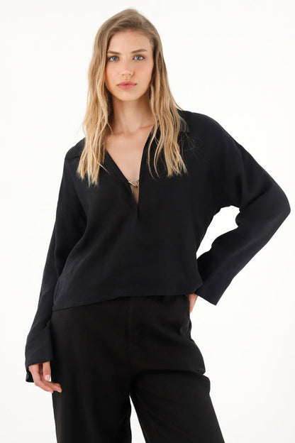 Women's 100% Linen Long Sleeve Black Shirt