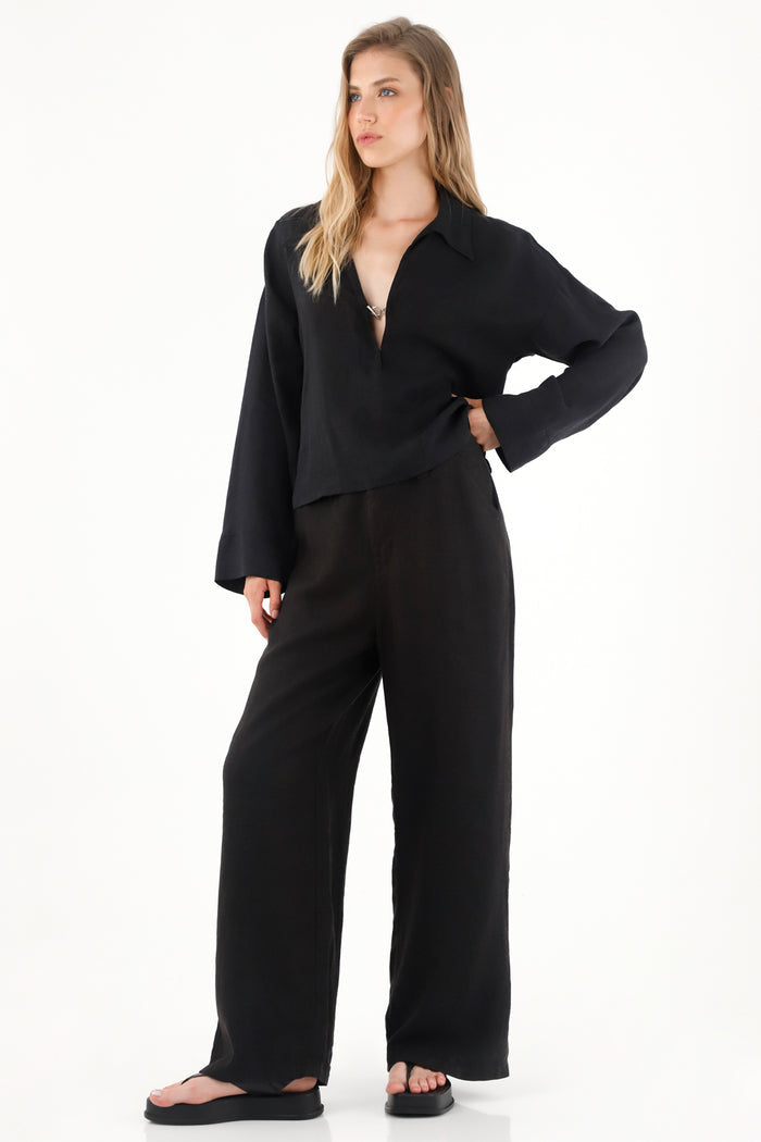Women's 100% Linen Long Sleeve Black Shirt