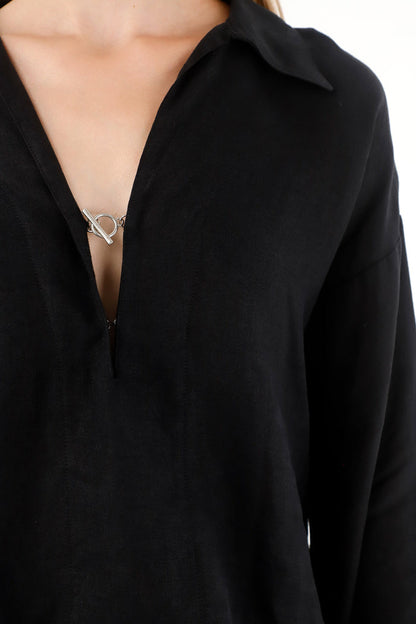 Women's 100% Linen Long Sleeve Black Shirt