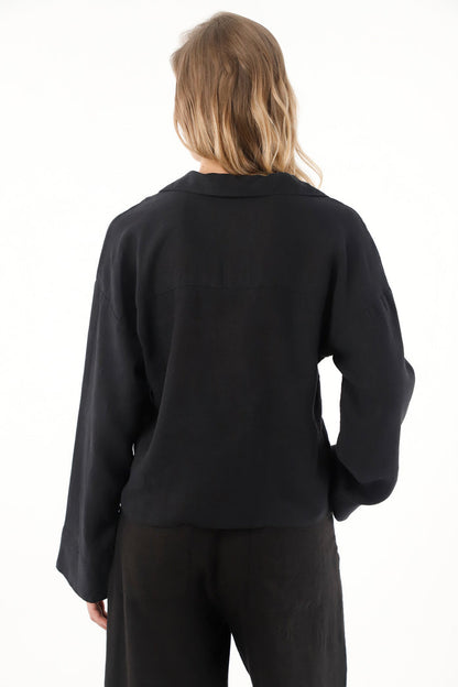 Women's 100% Linen Long Sleeve Black Shirt