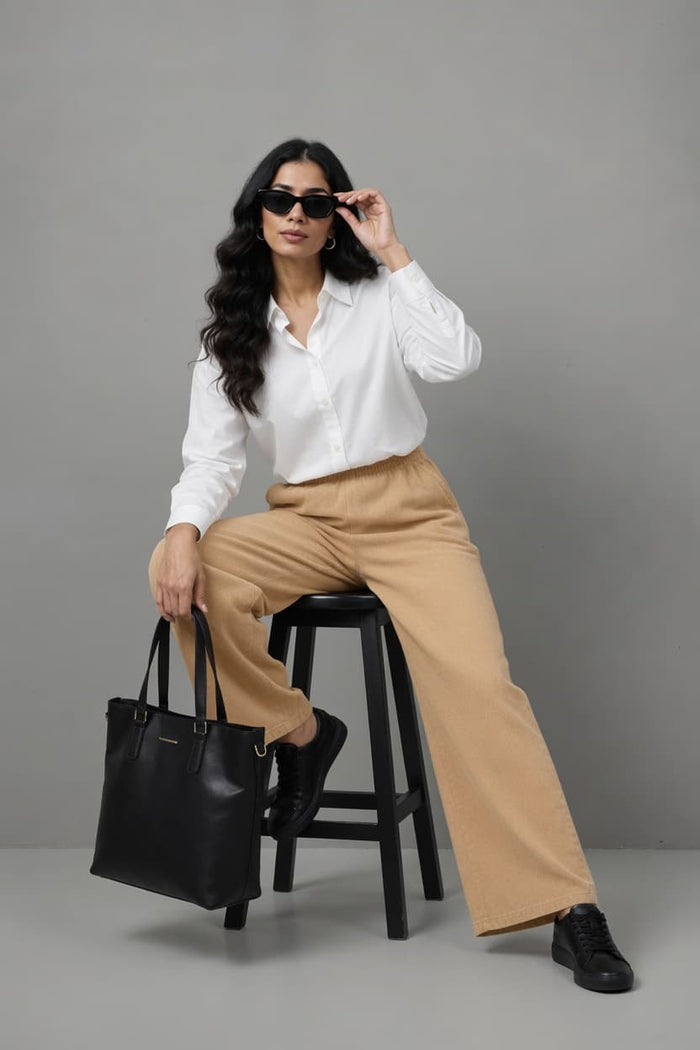 Women's Beige Wide Leg Trouser Premium Fleece