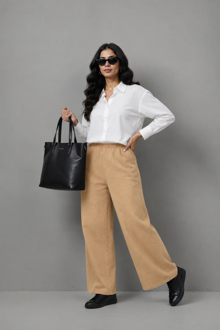 Women's Beige Wide Leg Trouser Premium Fleece