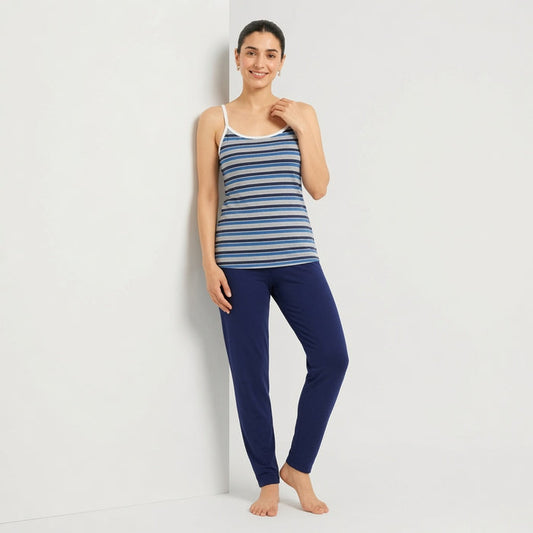 Women's Blue Striped Jersey Cotton Camisole Soft Breathable Regular Fit
