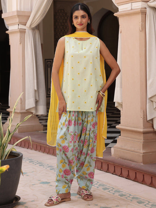 Women's Cotton Checkered Embroidered Embroidered Farshi Kurta Set With Dupatta