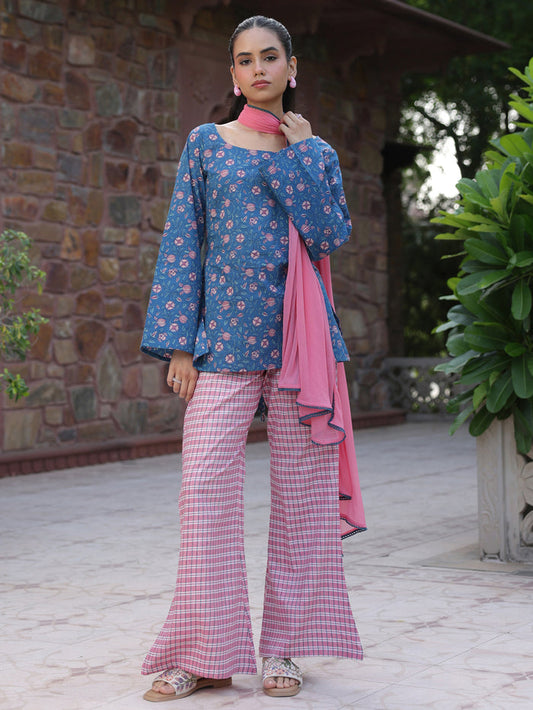 Women's Cotton Short Kurti With Flared Pants and Dupatta