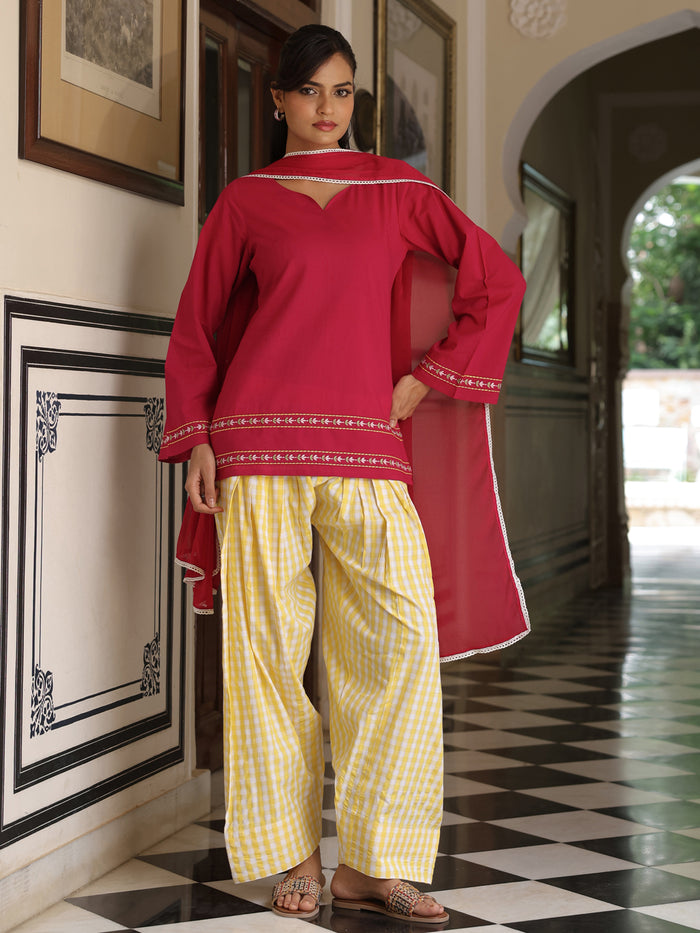 Women's Cotton Solid Embroidered Farshi Kurta Set With Dupatta