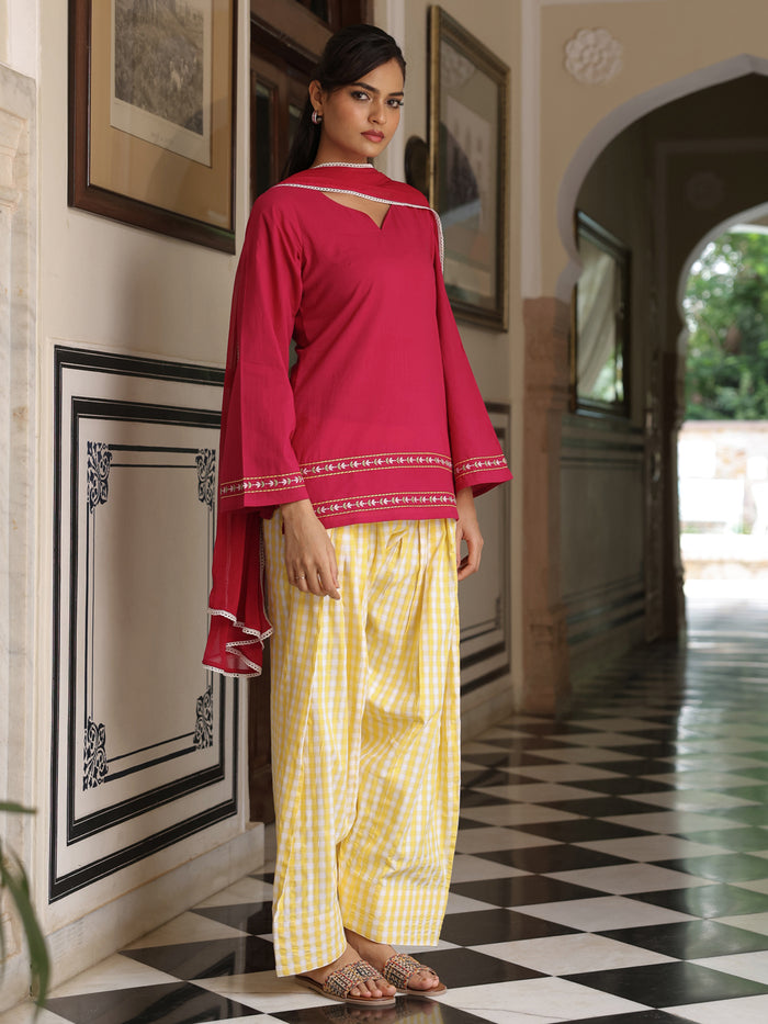 Women's Cotton Solid Embroidered Farshi Kurta Set With Dupatta