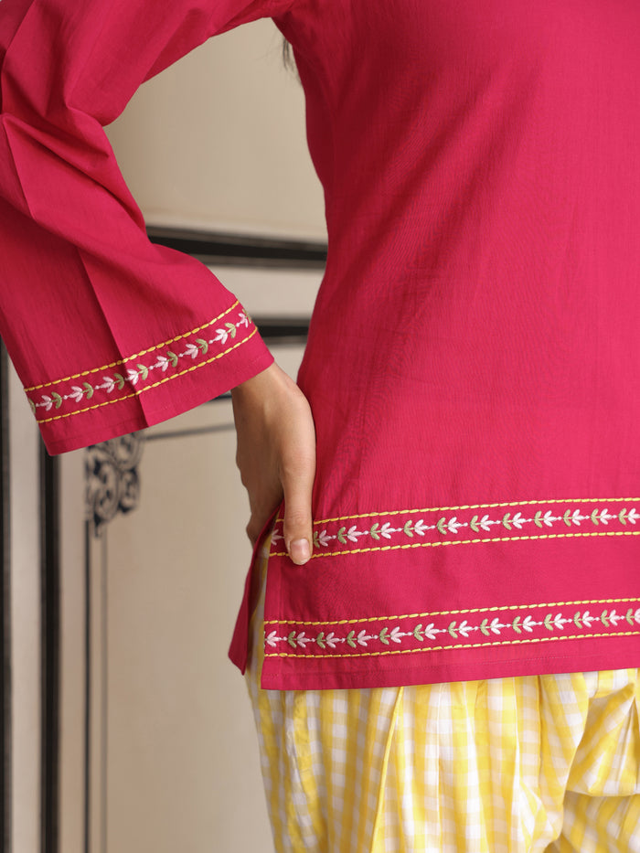 Women's Cotton Solid Embroidered Farshi Kurta Set With Dupatta