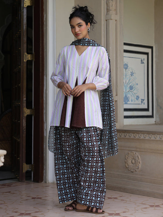 Women’s Cotton Striped Flared Kurta and Farshi with Dupatta