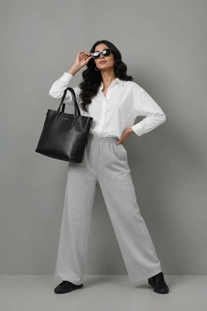 Women's Heather Grey Wide Leg Fleece Trouser