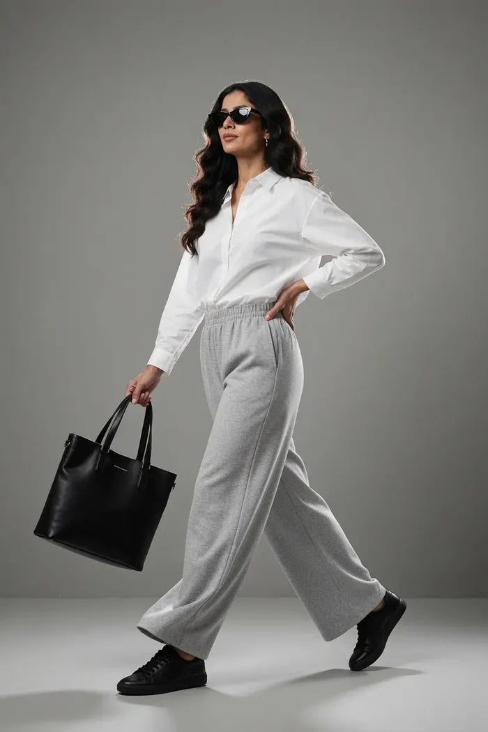 Women's Heather Grey Wide Leg Fleece Trouser - Hinz Clothing
