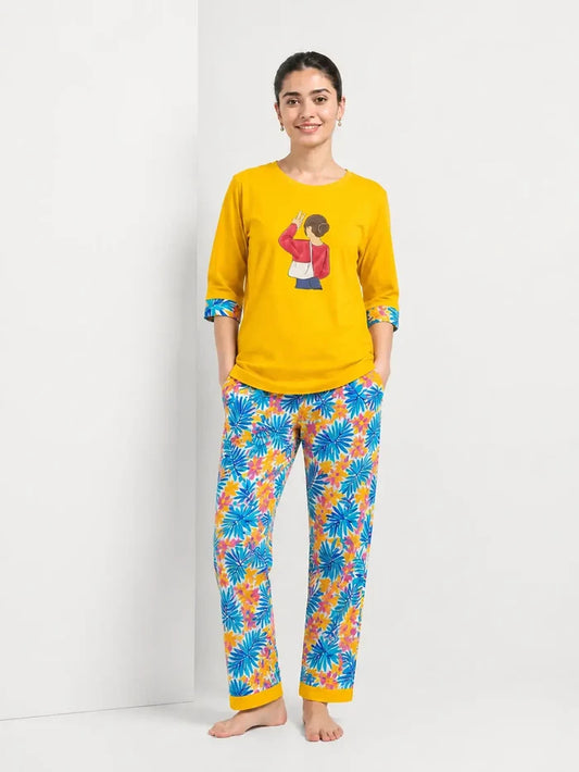 Women's Jersey Cotton  Soft Round Neck Graphic T-Shirt & Floral Print Pajama Set
