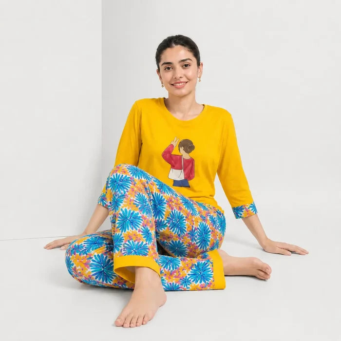 Women's Jersey Cotton  Soft Round Neck Graphic T-Shirt & Floral Print Pajama Set