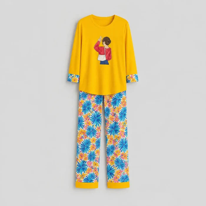 Women's Jersey Cotton  Soft Round Neck Graphic T-Shirt & Floral Print Pajama Set