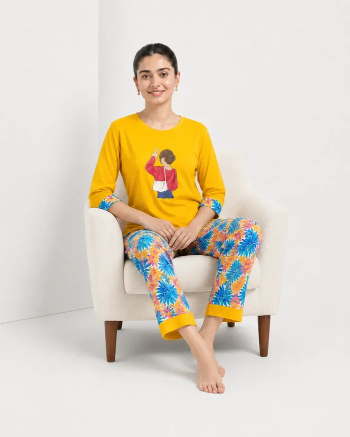 Women's Jersey Cotton  Soft Round Neck Graphic T-Shirt & Floral Print Pajama Set - Hinz Clothing
