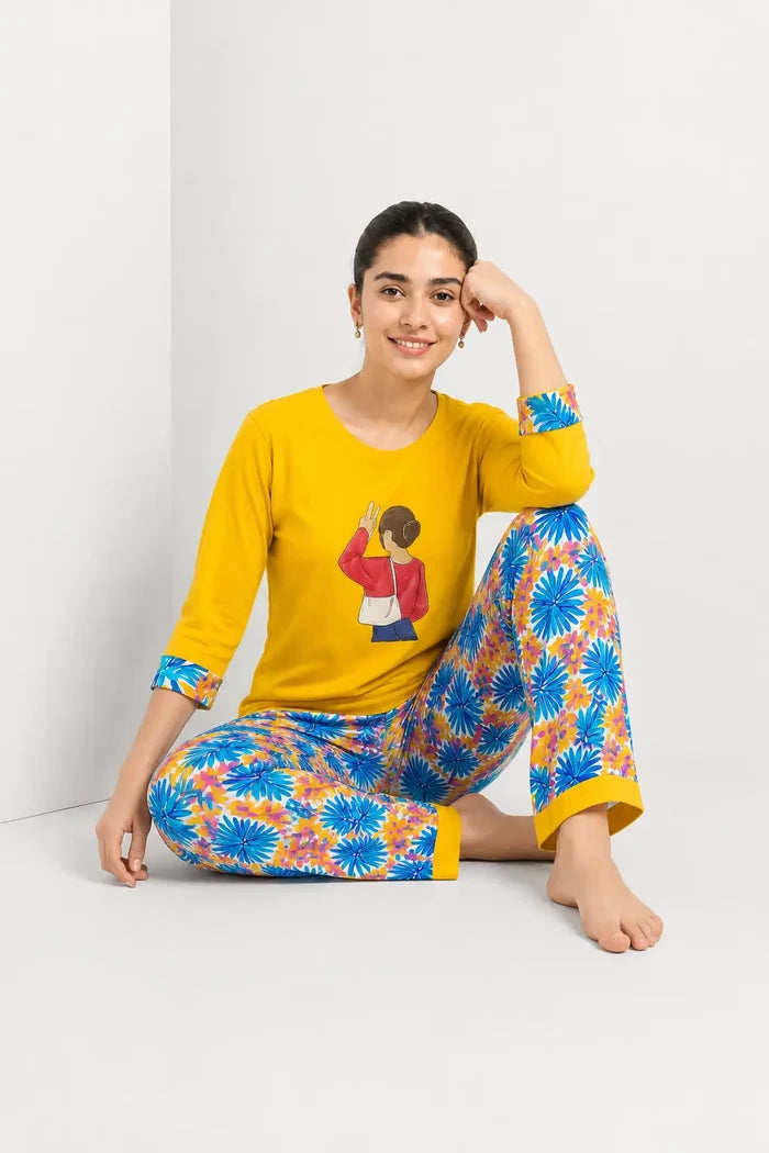 Women's Jersey Cotton  Soft Round Neck Graphic T-Shirt & Floral Print Pajama Set