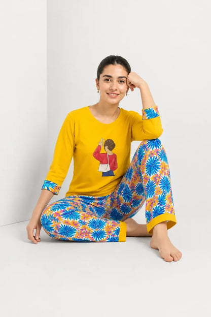 Women's Jersey Cotton  Soft Round Neck Graphic T-Shirt & Floral Print Pajama Set
