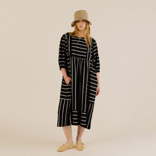 Women's Linen & Cotton Betsy Dress - Black Stripe