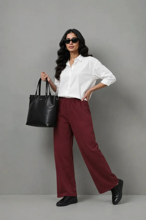 Women's Maroon Fleece Wide Leg Trouser
