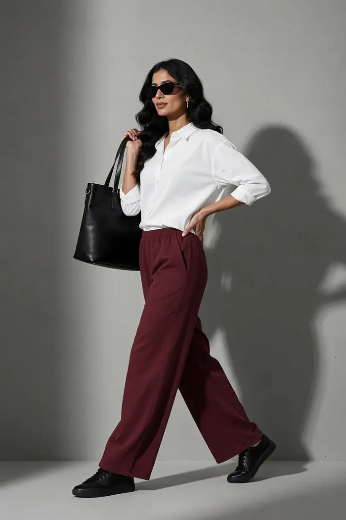 Women's Maroon Fleece Wide Leg Trouser - Hinz Clothing