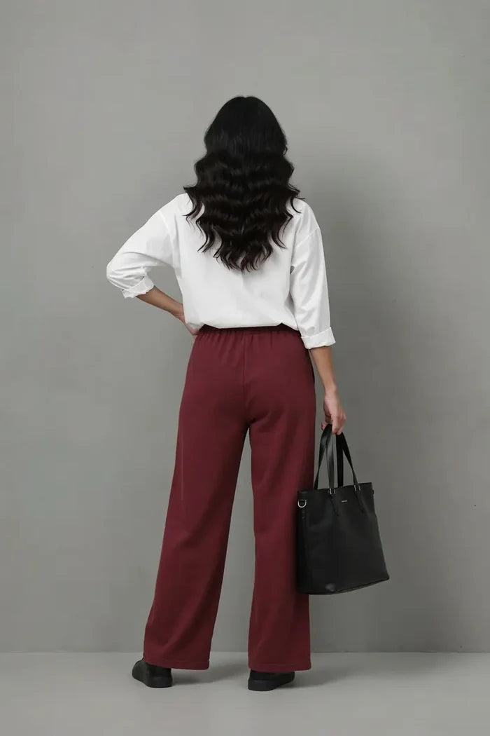 Women's Maroon Fleece Wide Leg Trouser - Hinz Clothing