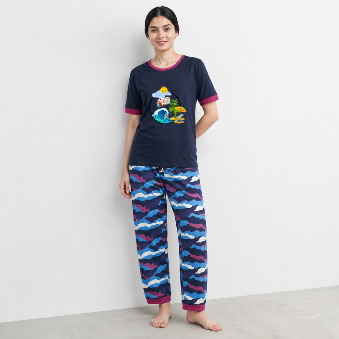 Women's Navy Blue Jersey Cotton Night Suit with Graphic T-Shirt & Camouflage Print Pajama Set