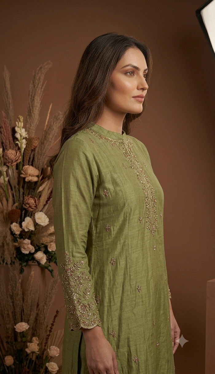 Women's Olive Green Embroidered Kurta Pant Set with Dupatta