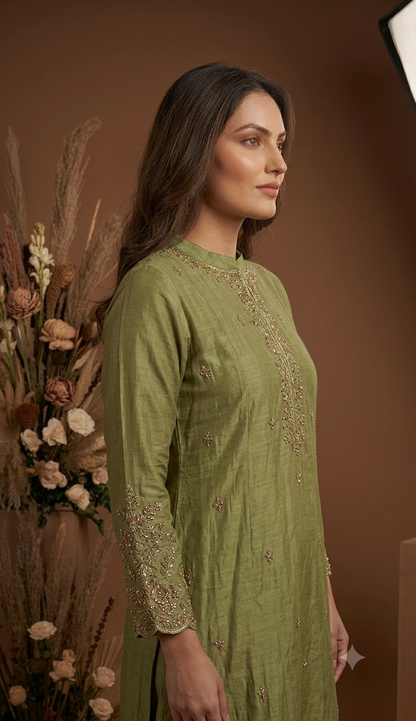 Women's Olive Green Embroidered Kurta Pant Set with Dupatta