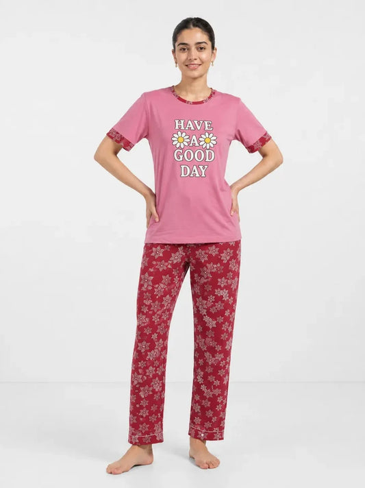 Women's Pink Have A Good Day Jersey Cotton T-Shirt & Floral Printed Pajama Set