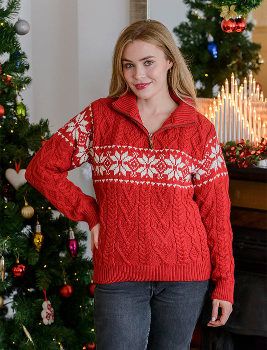 Snowflake Zip-Neck Fairisle Sweater #color_cherry-natural