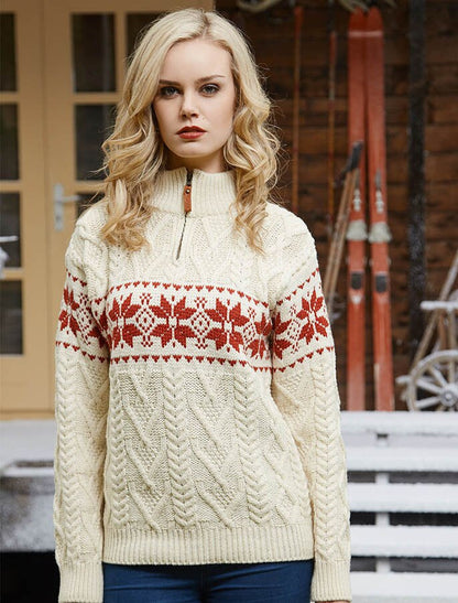 Women's Winter Fair Isle Zip-Neck Aran - Natural Cherry #color_natural-cherry