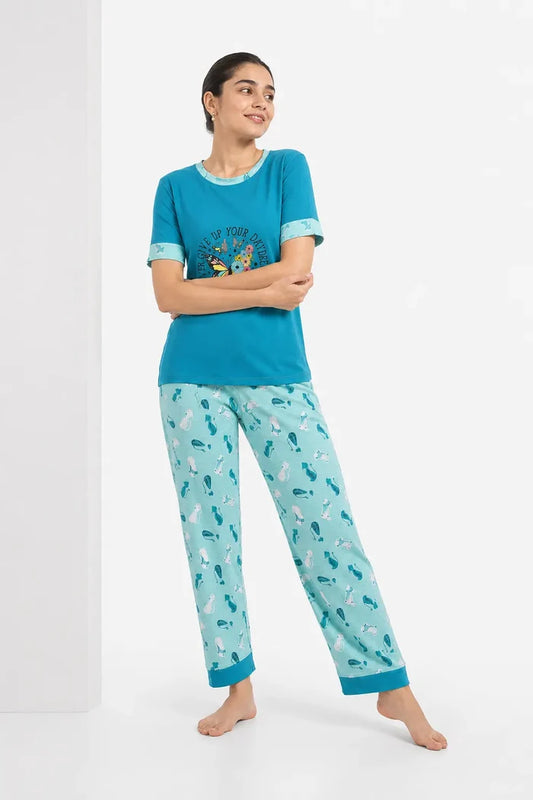 Women's Teal Blue Butterfly Printed Jersey Cotton T-Shirt & Printed Pajama Set