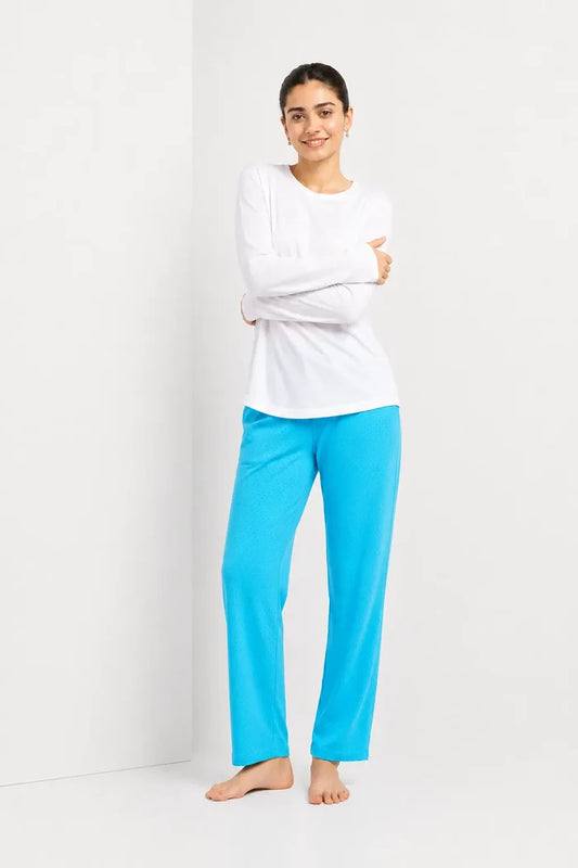 Women's White Jersey Cotton  Full Sleeve T-Shirt & Sky Blue Pajama Set