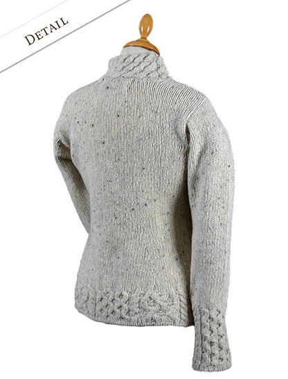 Back Detail of Women's Wool Cashmere Aran Mock Turtleneck Sweater #color_chalkstone